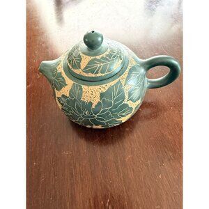 Handcrafted Green Ceramic Floral Teapot With Lid - Unique Textured Design - Trad